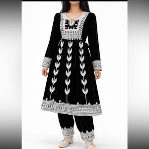 Velvet Black and Silver traditional Outfit from Afghanistan
